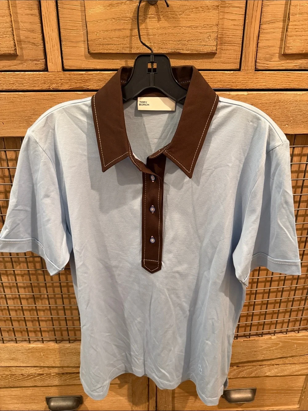 Tory Burch Light Blue Polo with Brown Contrast Collar